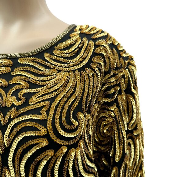 Vintage Royal Feelings Gold Beaded Sequin Blouse Silk Blend Short Sleeve Women L - Picture 5 of 10